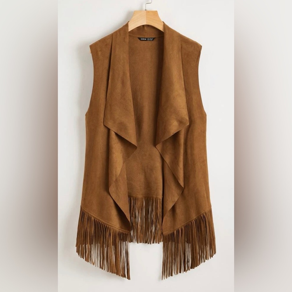 SHEIN Fringe Trim Open Front Vest - Camel